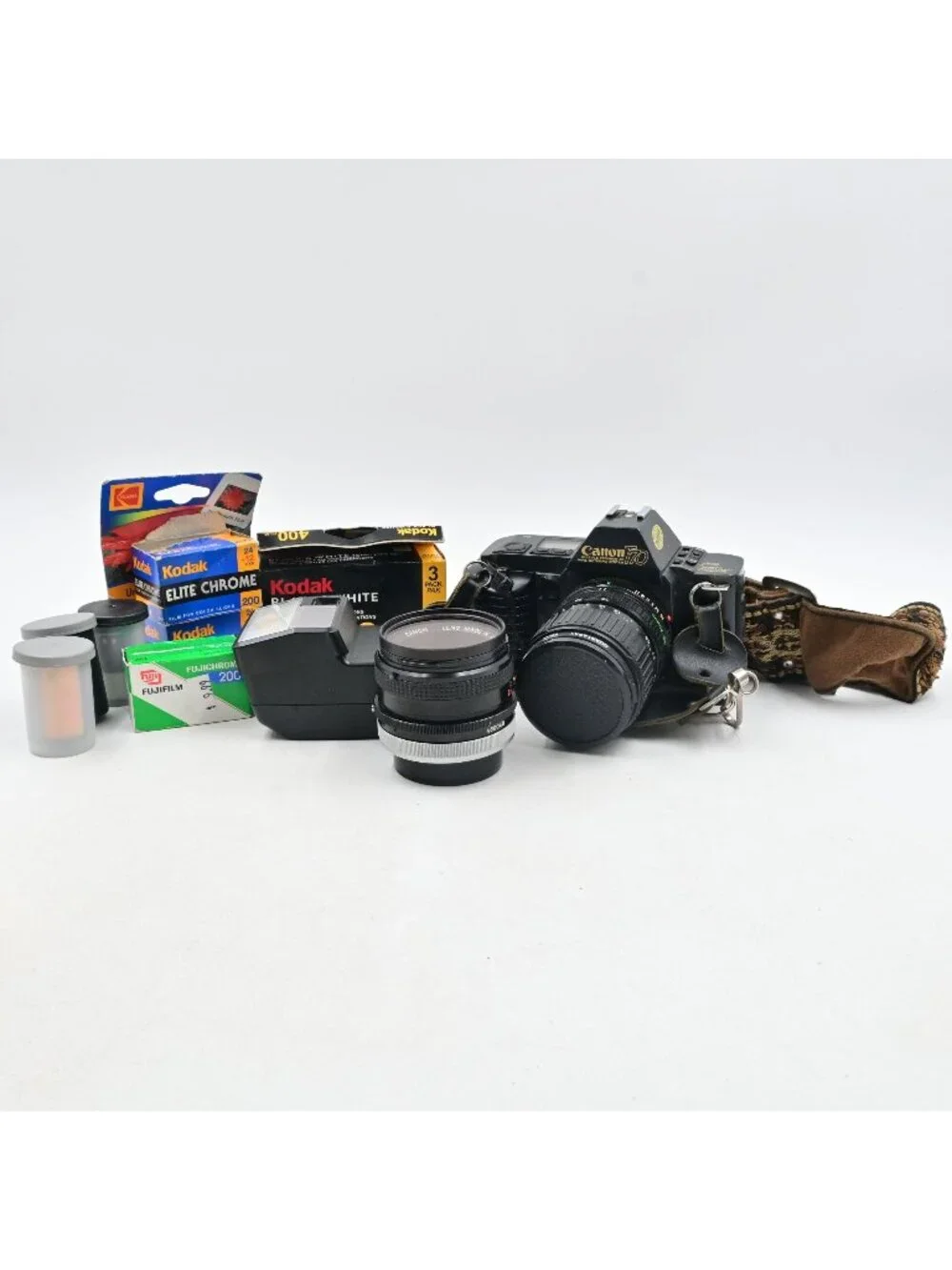 Canon T70 35mm SLR Film Camera W/ 2 Lenses, Flash, Film Untested As Is For Parts